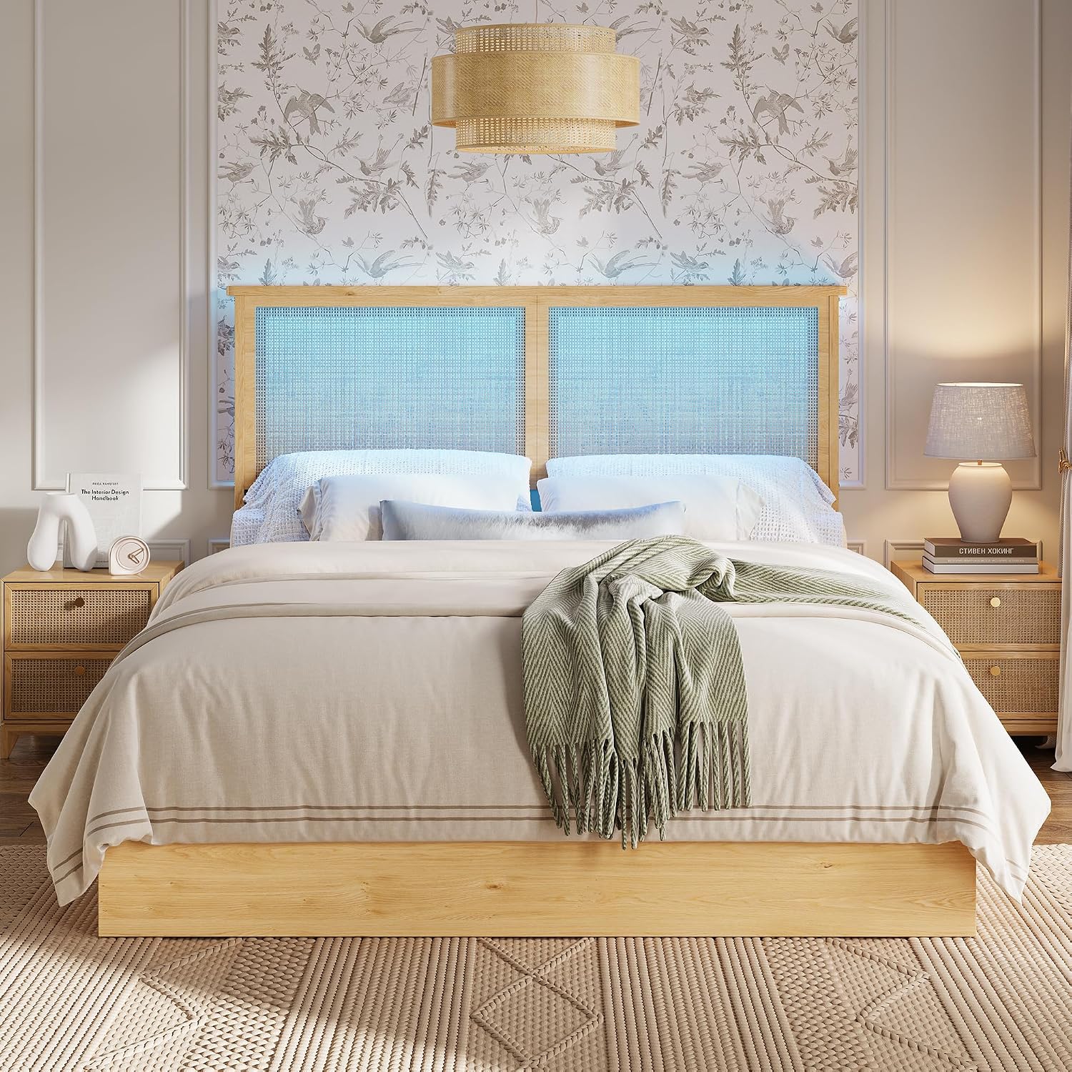 GAOMON Queen Size Bed Frame with 4 Storage Drawers and Rattan Headboard