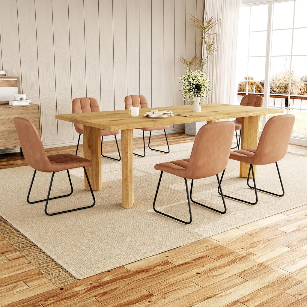 HIPIHOM Extendable Dining Table Set for 6, Seats 6-8 | MDF Farmhouse Extends 63-78.7in, Space-saving for Living Room & Nook, Oak Table + 6 Brown Upholstered Chairs