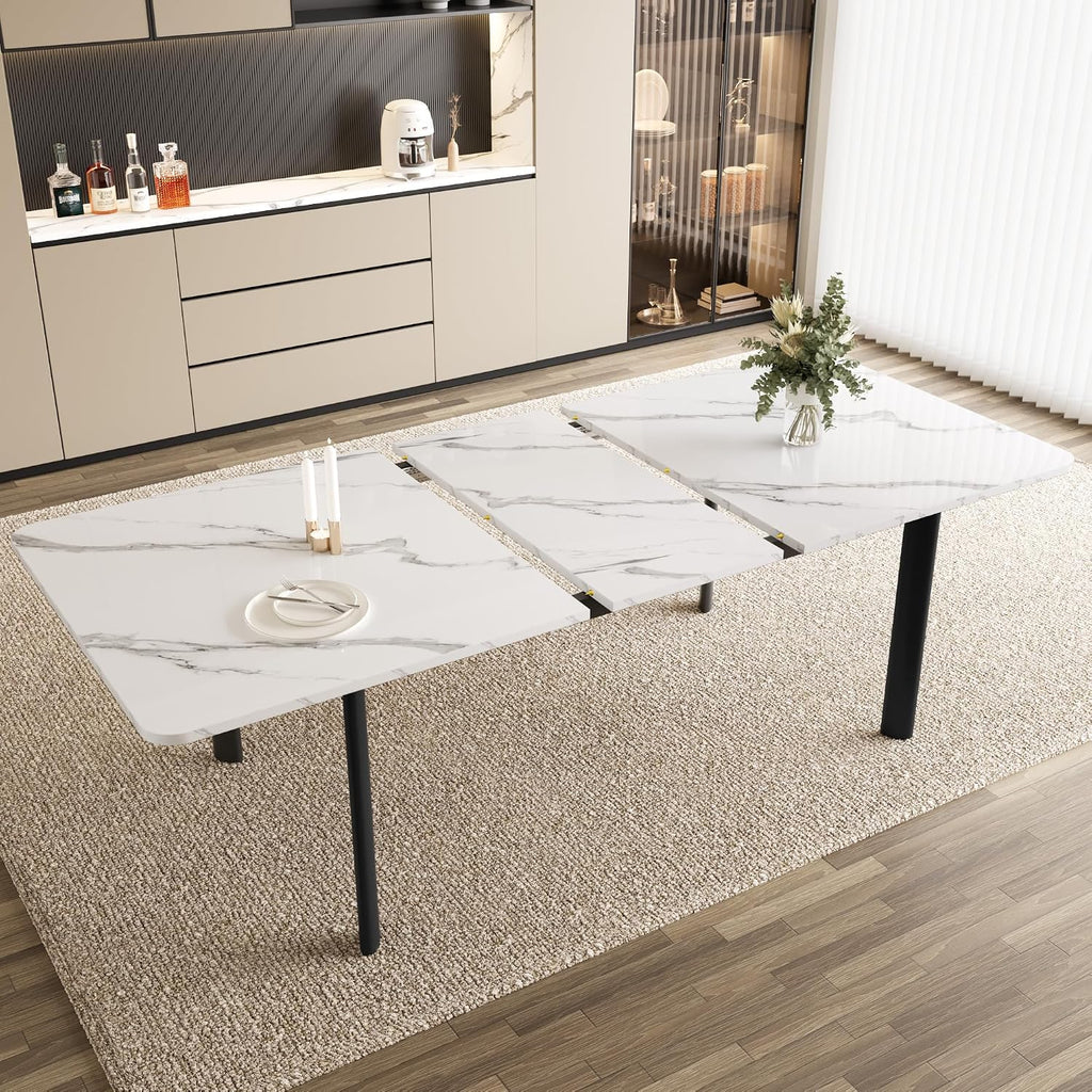 HIPIHOM Extendable Dining Table for 6-8 People, 63 to 78.7 Inch Rectangular Table, White MDF with Sturdy Metal Legs, Space-Saving for Dining Room, Kitchen, Small Spaces