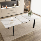 HIPIHOM Extendable Dining Table for 6-8 People, 63 to 78.7 Inch Rectangular Table, White MDF with Sturdy Metal Legs, Space-Saving for Dining Room, Kitchen, Small Spaces