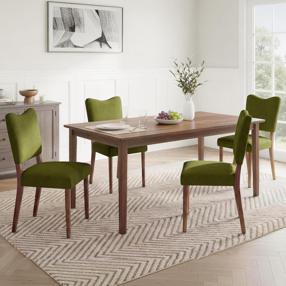 KISLOT Upholstered Dining Chairs Set of 4, Modern Velvet Kitchen Chairs with Solid Wood Legs, High Back Wooden Dining Room Chairs with Dark Walnut Color Legs for Farmhouse Kitchen Dining Room, Green