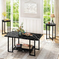 Lamerge 3 Pieces Living Room Table Set, Faux Marble Coffee Table with 2 Round End Side Tables, Coffee Table Set with Metal Frame for Apartment Home Office, Black