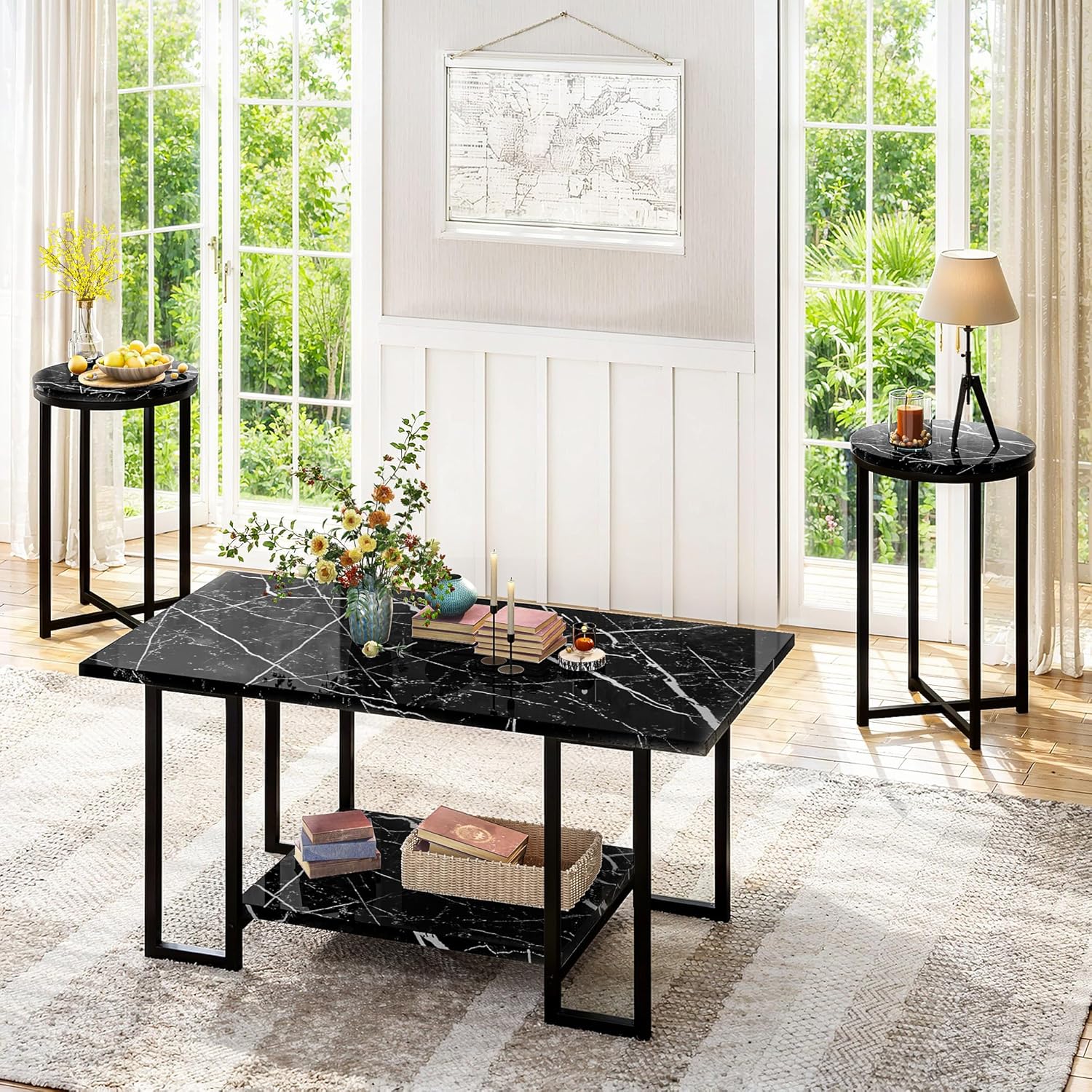 Lamerge 3 Pieces Living Room Table Set, Faux Marble Coffee Table with 2 Round End Side Tables, Coffee Table Set with Metal Frame for Apartment Home Office, Black