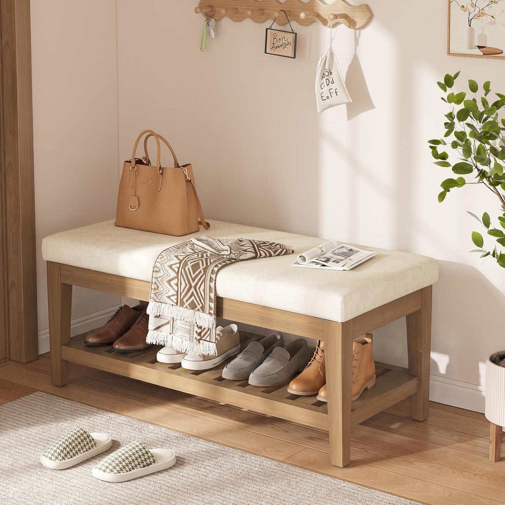 Apicizon 45" Shoe Rack Bench with Cushion, Solid Rubberwood Entryway Bench with Shoe Storage, Modern Chenille Upholstered Shoe Storage Bench for Hallway Bedroom Living Room Front Door Entrance, Beige