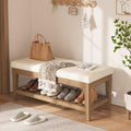 Apicizon 45" Shoe Rack Bench with Cushion, Solid Rubberwood Entryway Bench with Shoe Storage, Modern Chenille Upholstered Shoe Storage Bench for Hallway Bedroom Living Room Front Door Entrance, Beige