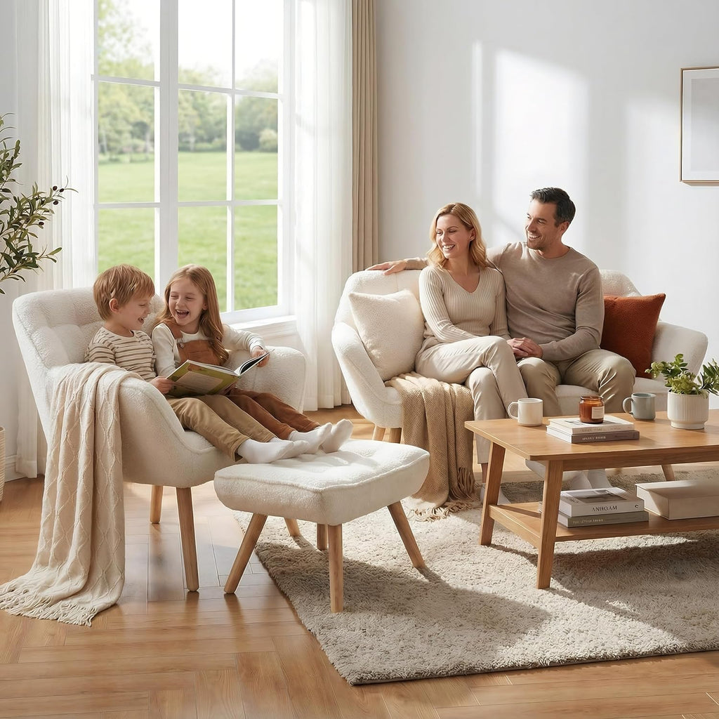 White Sherpa Accent Chair with Ottoman ，Modern Reading Chairs with Ottoman Set, Comfy Fuzzy Armchair Living Room Chair Lounge Chair with Wood Legs for Small Spaces Bedroom Apartment