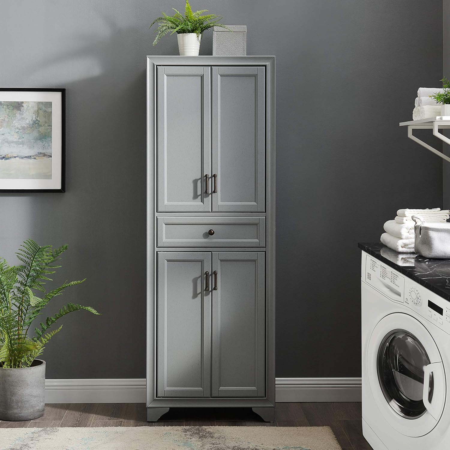 Crosley Furniture Tara Pantry Storage Cabinet with Shelves, Kitchen, Dining, or Laundry Room, Distressed Gray