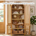 Merax 71'' Tall Farmhouse Rattan Arched Storage Cabinet | Boho Style Pantry Cabinet, Open Countertop, Rattan Doors & Adjustable Shelves, Arched Cabinet for Kitchen Dining Room