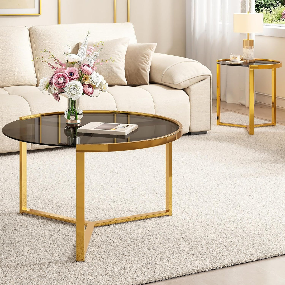 31.5" Gold Round Nesting Coffee Table Set of 2, Modern Tempered Glass Cocktail Tables with Sturdy Metal Frame, Glam Accent Side Tables for Living Room, Black