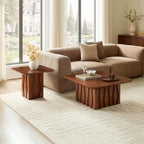 2-Piece Fluted Nesting Coffee Table with Hand-Carved Wavy Base, Mid-Century Modern End Tables for Living Room Office, Brown