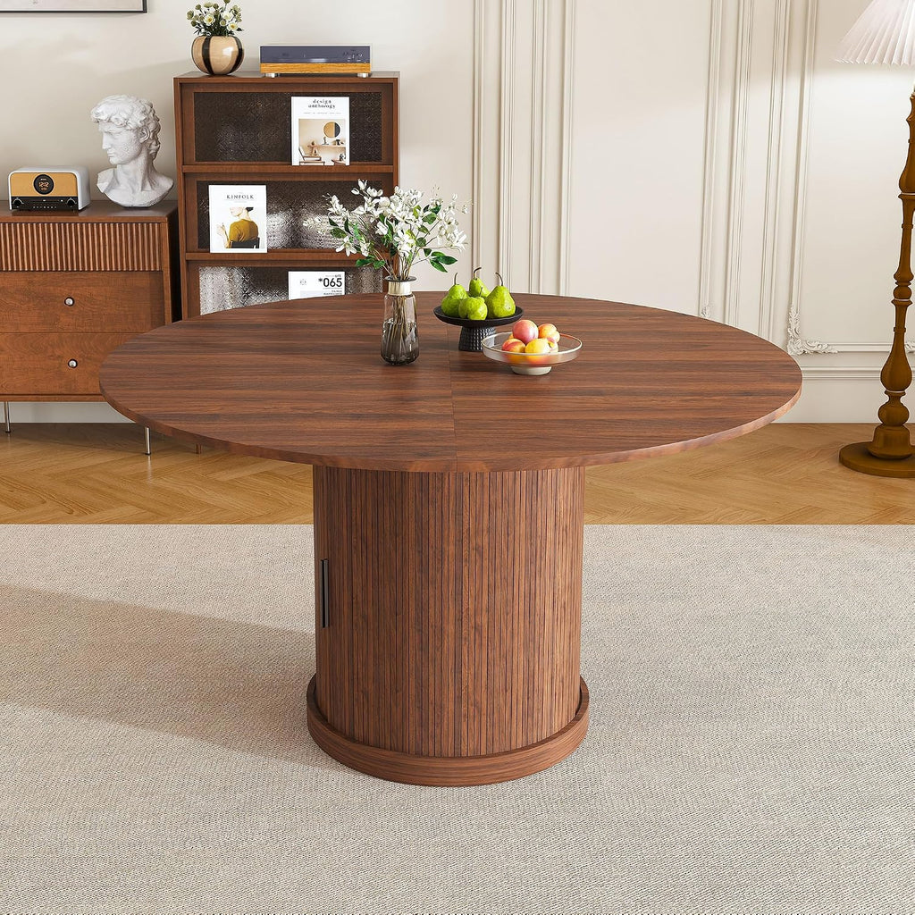 Round Extendable Dining Room Table for 4 6, 47"-59" Oval Expandable Kitchen Table w/Storage Shelf and Drawer, Farmhouse Walnut Space Saving Wood Dinner Tables with Fluted Pedestal Base