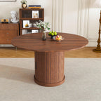 Round Extendable Dining Room Table for 4 6, 47"-59" Oval Expandable Kitchen Table w/Storage Shelf and Drawer, Farmhouse Walnut Space Saving Wood Dinner Tables with Fluted Pedestal Base