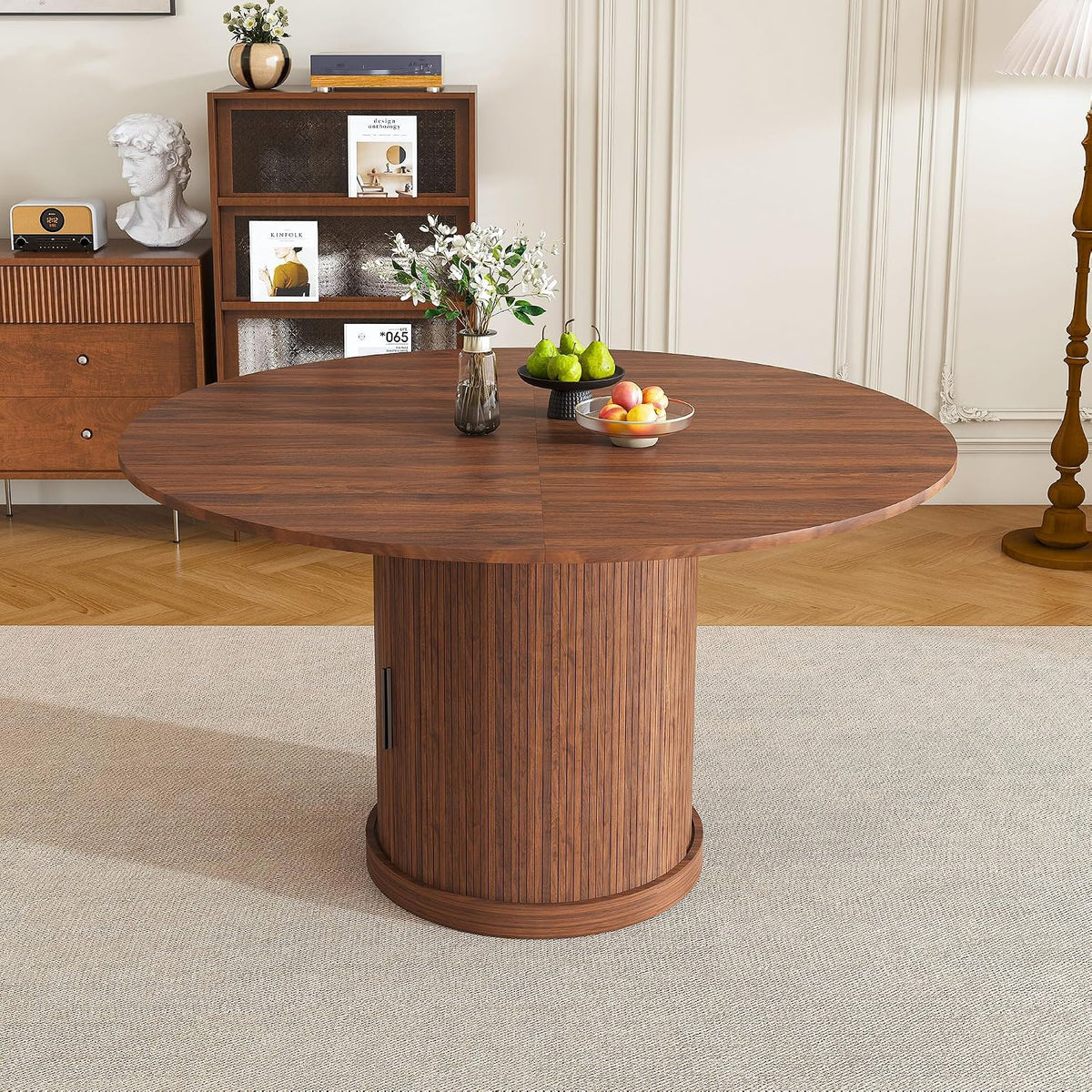 Round Extendable Dining Room Table for 4 6, 47"-59" Oval Expandable Kitchen Table w/Storage Shelf and Drawer, Farmhouse Walnut Space Saving Wood Dinner Tables with Fluted Pedestal Base