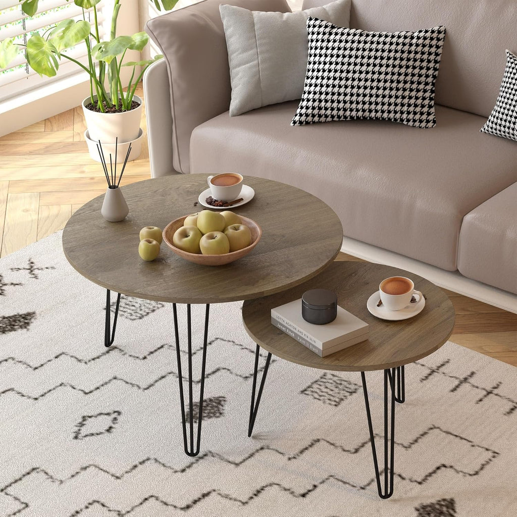 Small Round Nesting Coffee Table Set of 2 for Living Room, 27.56 inch Wood Modern Stacking Circle Coffee Table Side Table End Table with Metal Frame for Bedroom（Brown