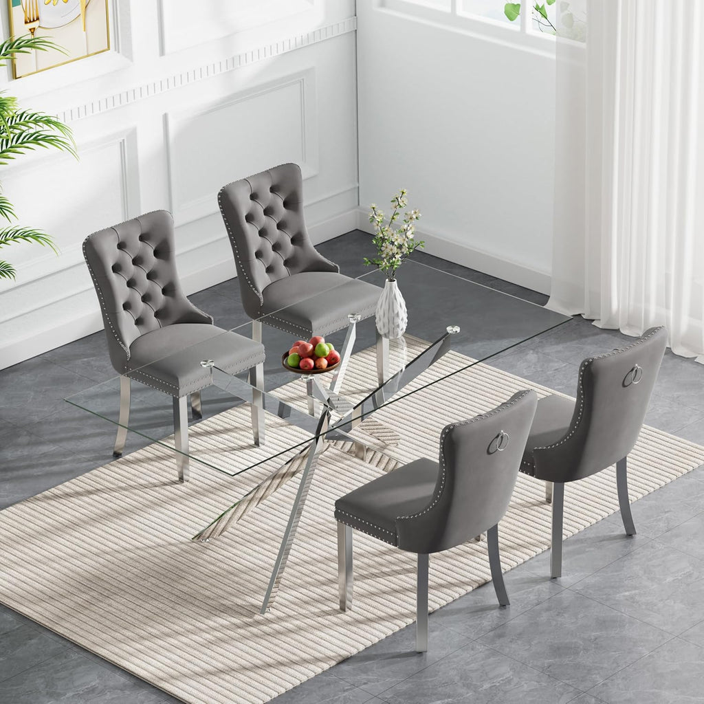 SSLine Modern 5-Piece Glass Dining Table Set for 4 Luxury Rectangle Glass Kitchen Table and Chair Set for 4, 61" Long Dining Room Tables with 4 Gray Tufted Chairs for Kitchen Home Office