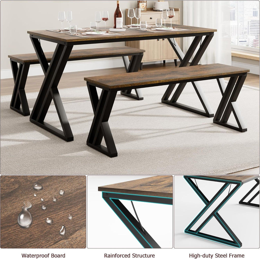 GarveeHome Kitchen Table with 2 Benches, Dining Table Set for 4, Saving Space Dining Room Table Set for Kitchen, Dining Room, Apartment, Sturdy Metal Frame, Vintage Brown