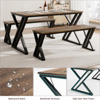 GarveeHome Kitchen Table with 2 Benches, Dining Table Set for 4, Saving Space Dining Room Table Set for Kitchen, Dining Room, Apartment, Sturdy Metal Frame, Vintage Brown