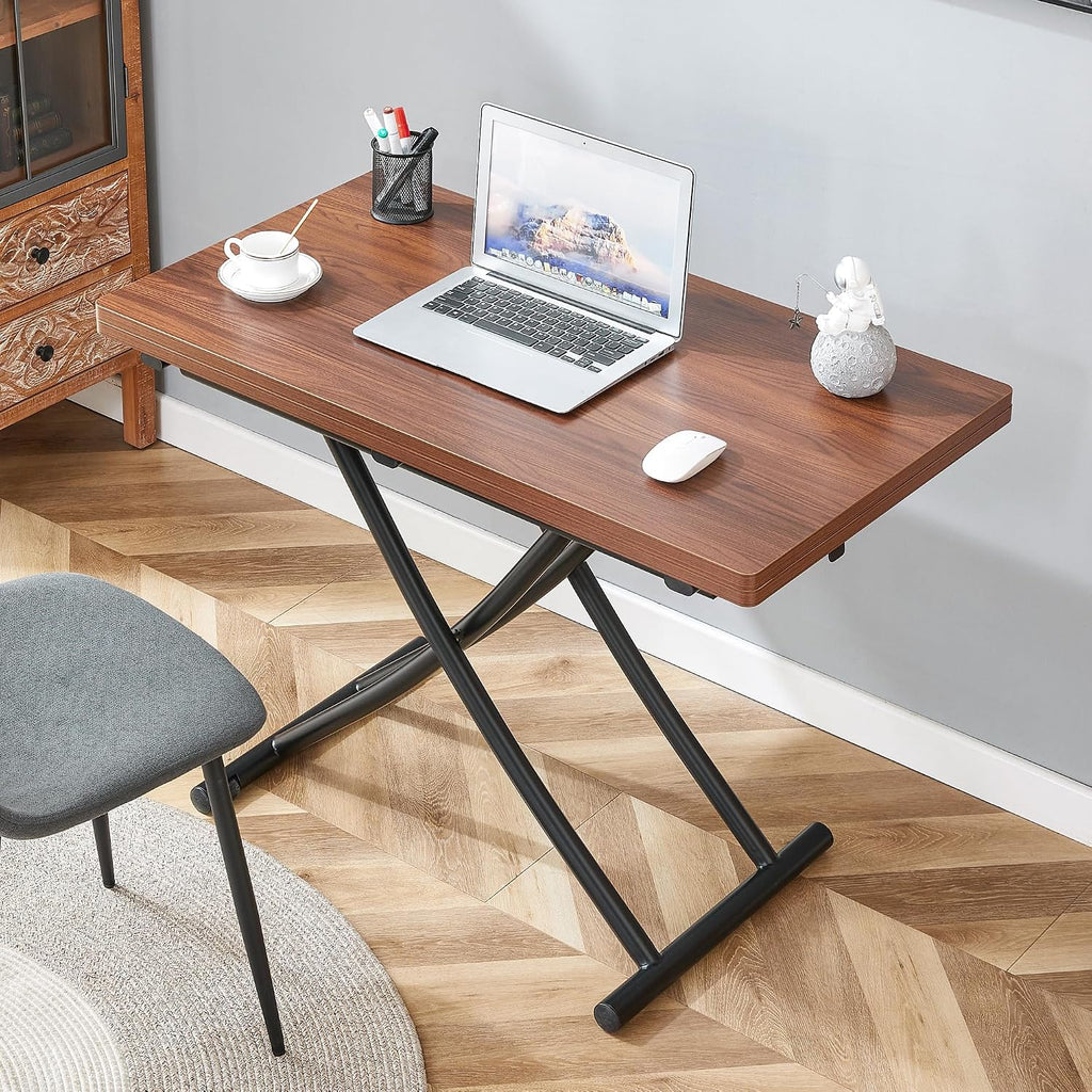 Space Saving Folding Dining Table, Adjustable Height Foldable Coffee Table with Wooden Tabletop and Metal Legs, Small Transformer Kitchen Table for Living Room, Dining Room, Apartment