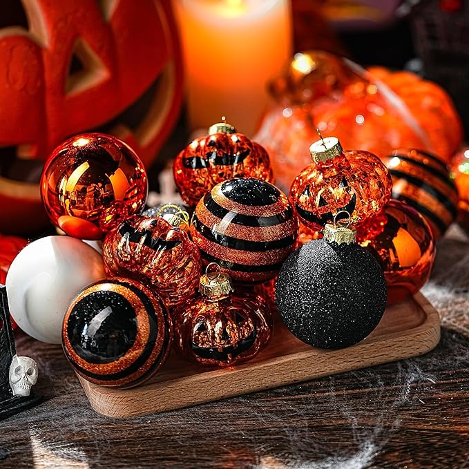 Halloween Tree Ornament Decorations Indoor, 12-Pack Pumpkin Decorative Hanging Ball Ornaments Set for Halloween Christmas Tree, Holiday Party Indoor Home Decor