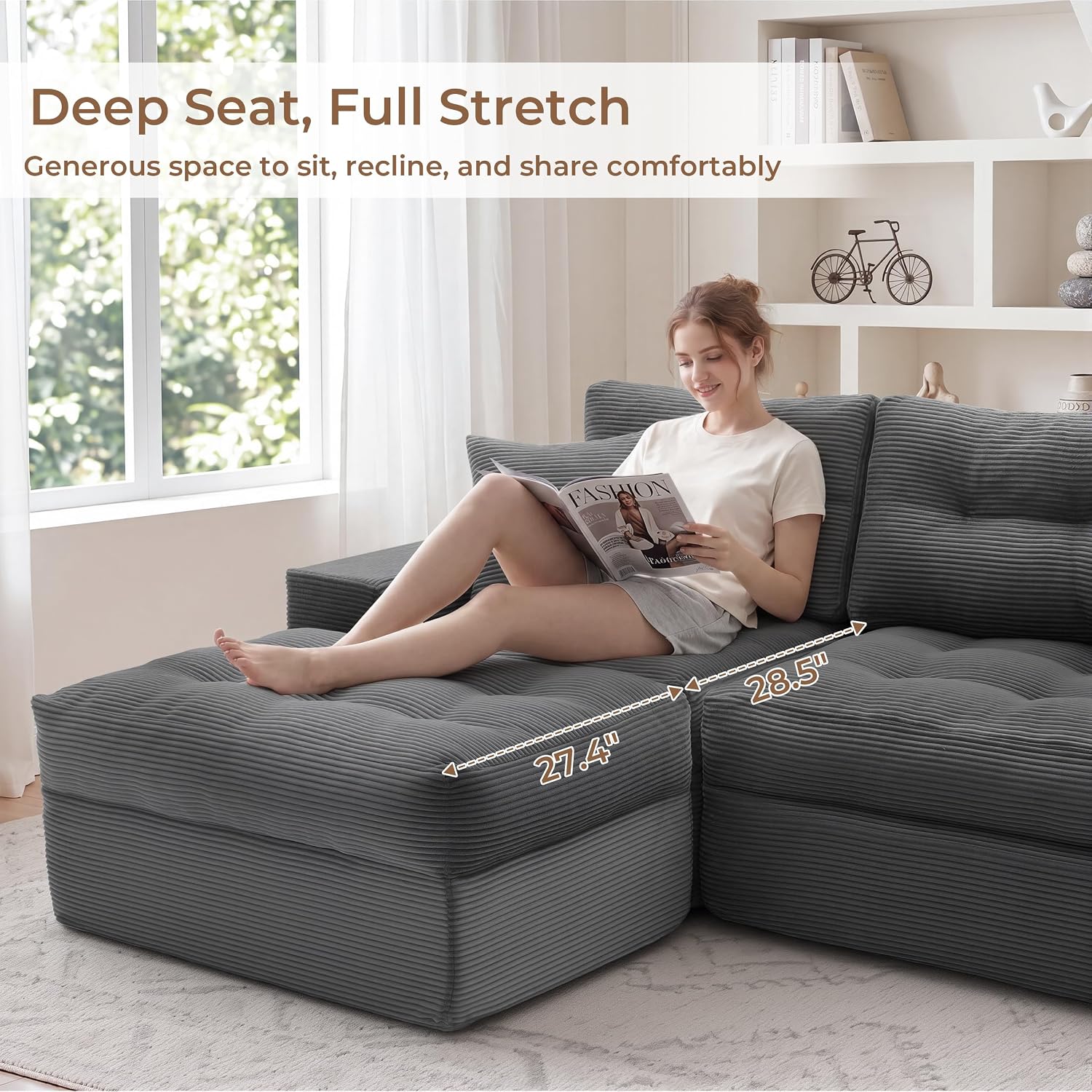 100" L Shaped Cloud Couch with Ottoman, Couches for Living Room | Modular Sectional Sofa, Upholstered Cloud Sofa with Layered Cushion, Dark Grey Sectional Couch, No Assembly