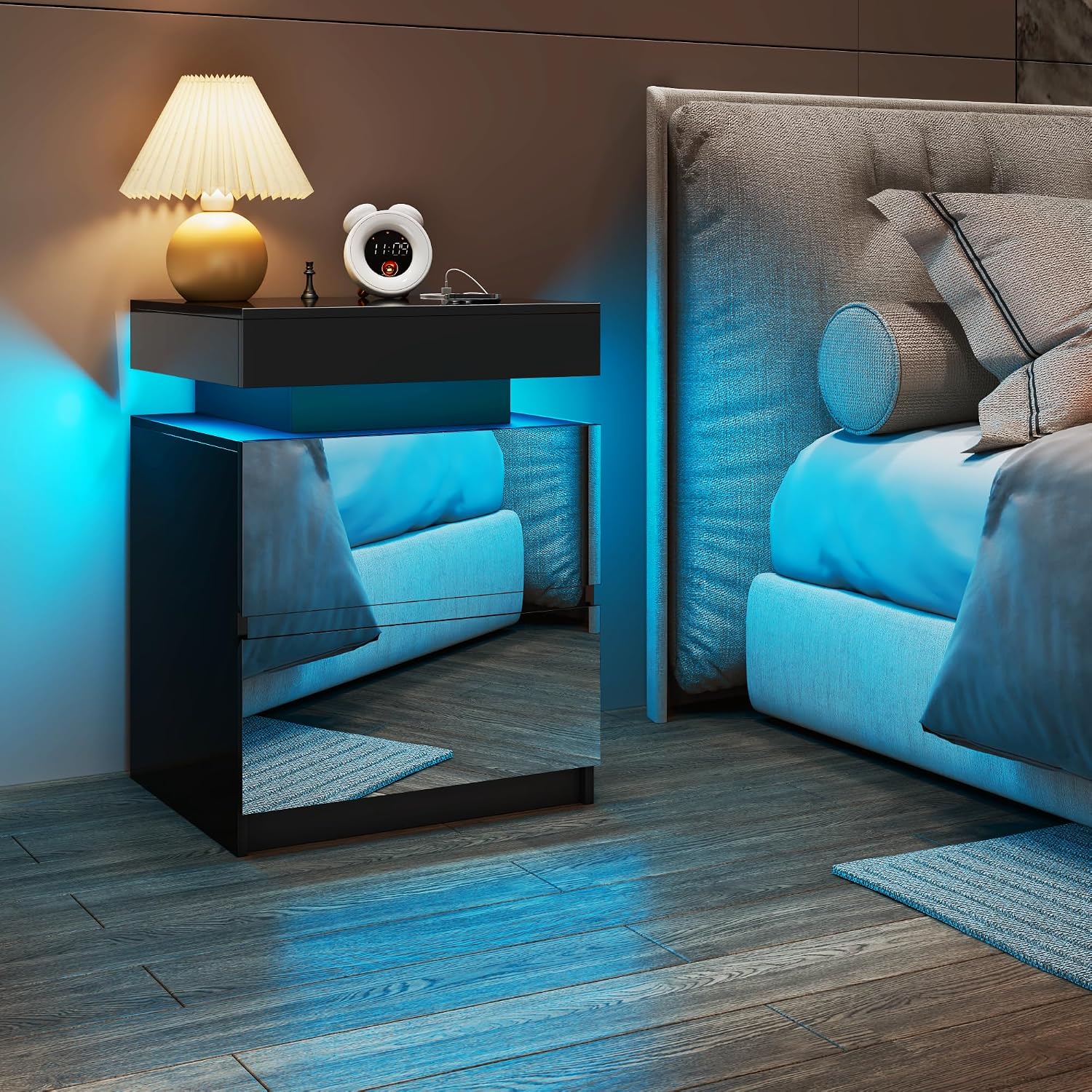 LED Nightstand - Bedside Table with Charging Station and 2 Mirrored Drawers Sliding Top with Magnetic Lock - Modern Night Stand for Bedroom & Living Room - Black