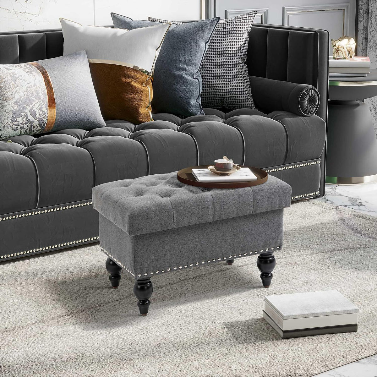 Gray Storage Ottoman with Removable Lid and Tufted Button Top