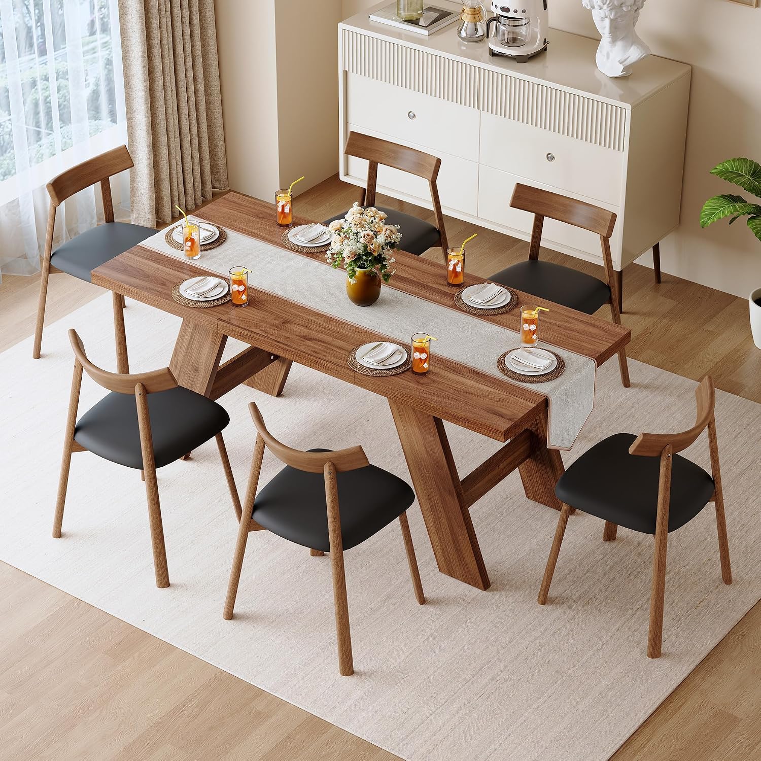 71" Farmhouse Dining Table Set for 6, Rectangular Rustic MDF Wooden Kitchen Table with Stable A-Frame Base & Anti-Slip Pads, Walnut