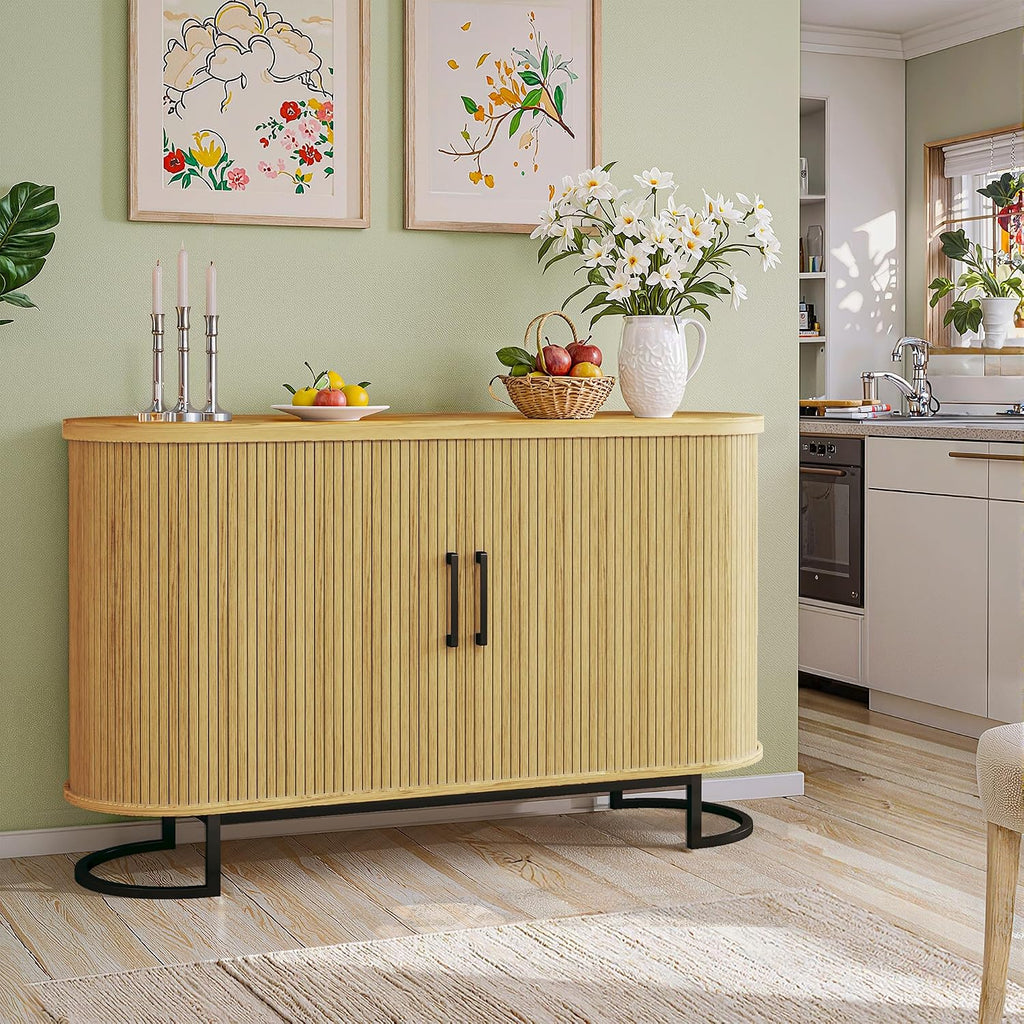 HUAHUU Sideboard Buffet Cabinet with Storage, 47" Fluted Tambour, Adjustable Shelves, Mid Century Modern Console for Living Room Kitchen Wood