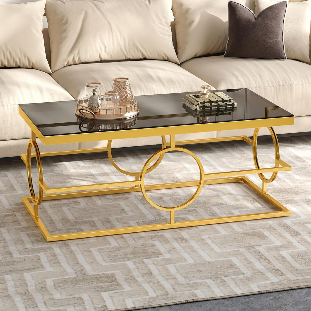 Glass Nesting Coffee Table Set with Metal Frame & Glam Design, Gold & Black | Modern Round Cocktail Center Table with Tempered Glass, Luxury for Living Room & Home Decor