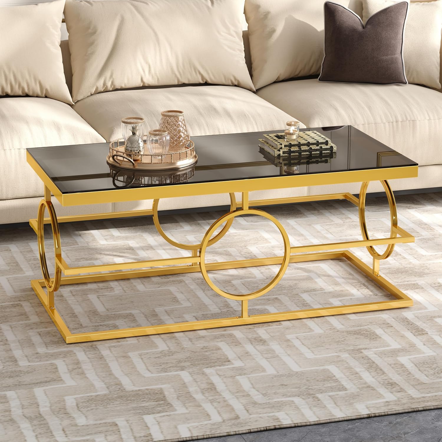 Glass Nesting Coffee Table Set with Metal Frame & Glam Design, Gold & Black | Modern Round Cocktail Center Table with Tempered Glass, Luxury for Living Room & Home Decor