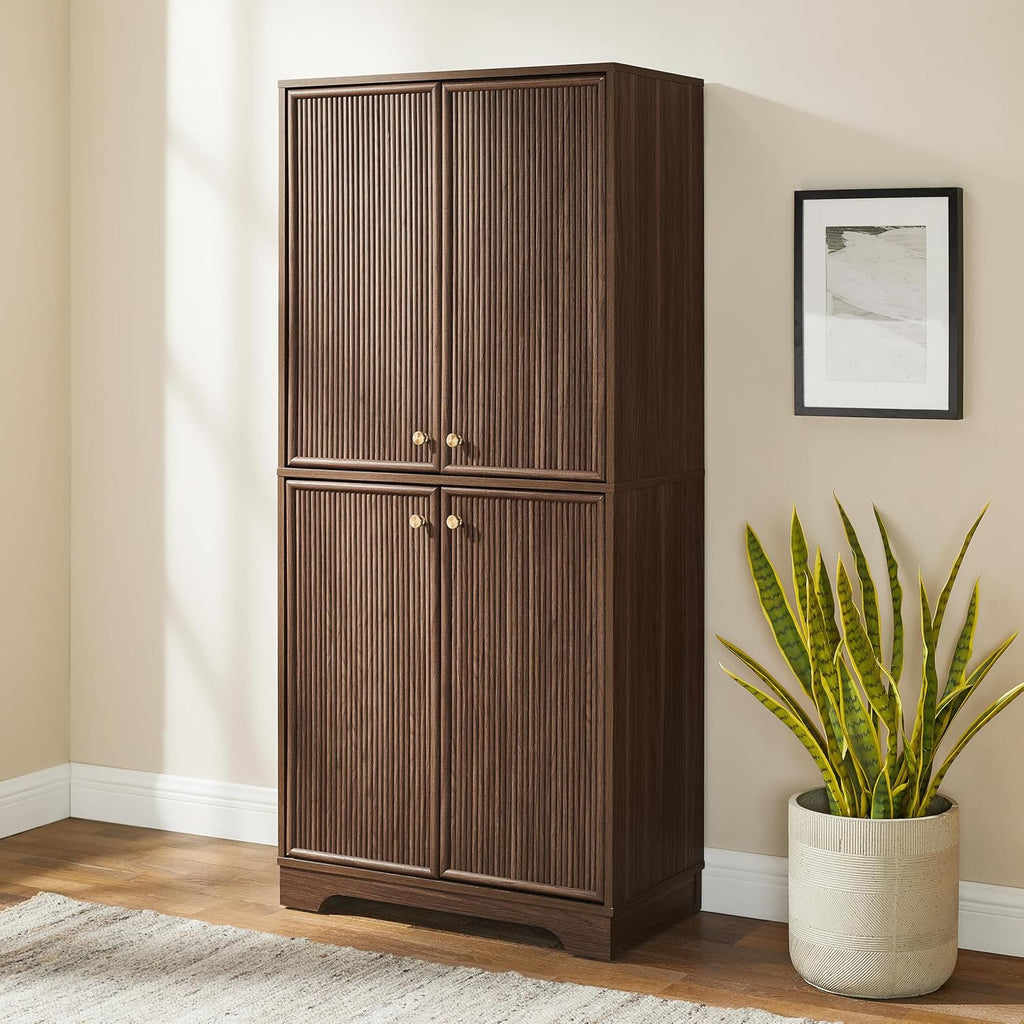 Crosley Furniture Naomi Modern Reeded Kitchen Pantry Storage Cabinet, Dining, Laundry Room, Bathroom, Walnut