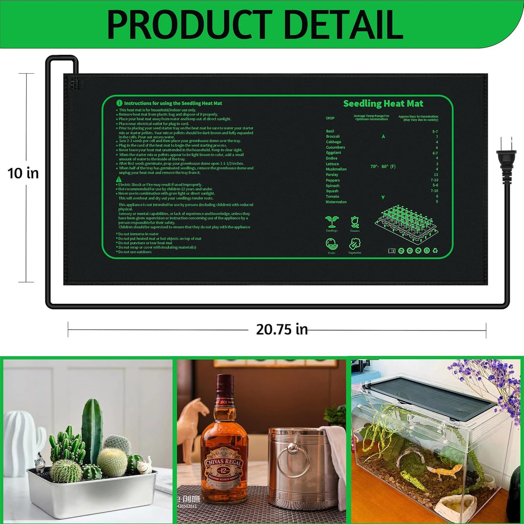 Seedling Heat Mat for Seed Starting,10" x 20.75" Waterproof Heating Pad for Indoor Plants Germination (Black 2 Pack)