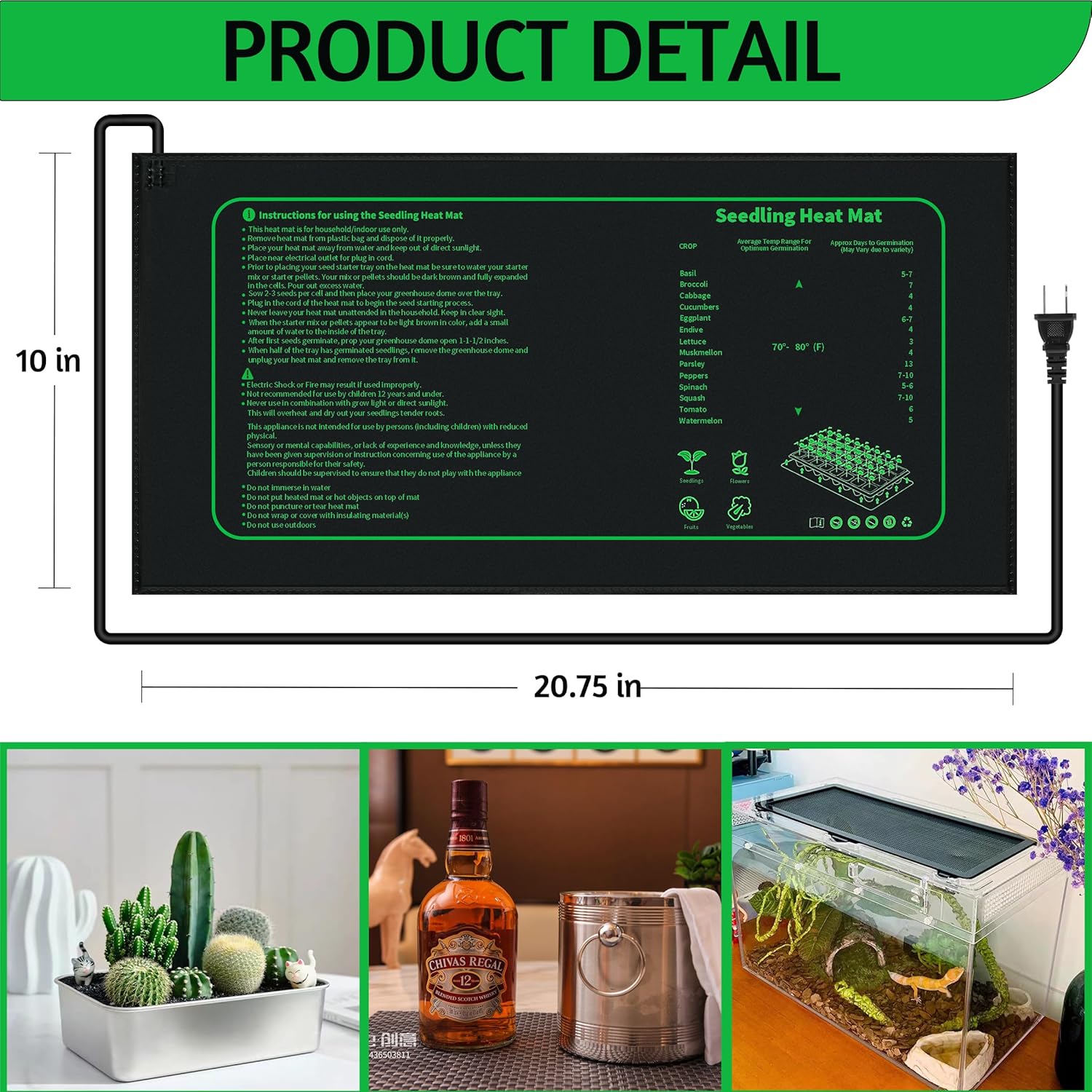 Seedling Heat Mat for Seed Starting,10" x 20.75" Waterproof Heating Pad for Indoor Plants Germination (Black 2 Pack)