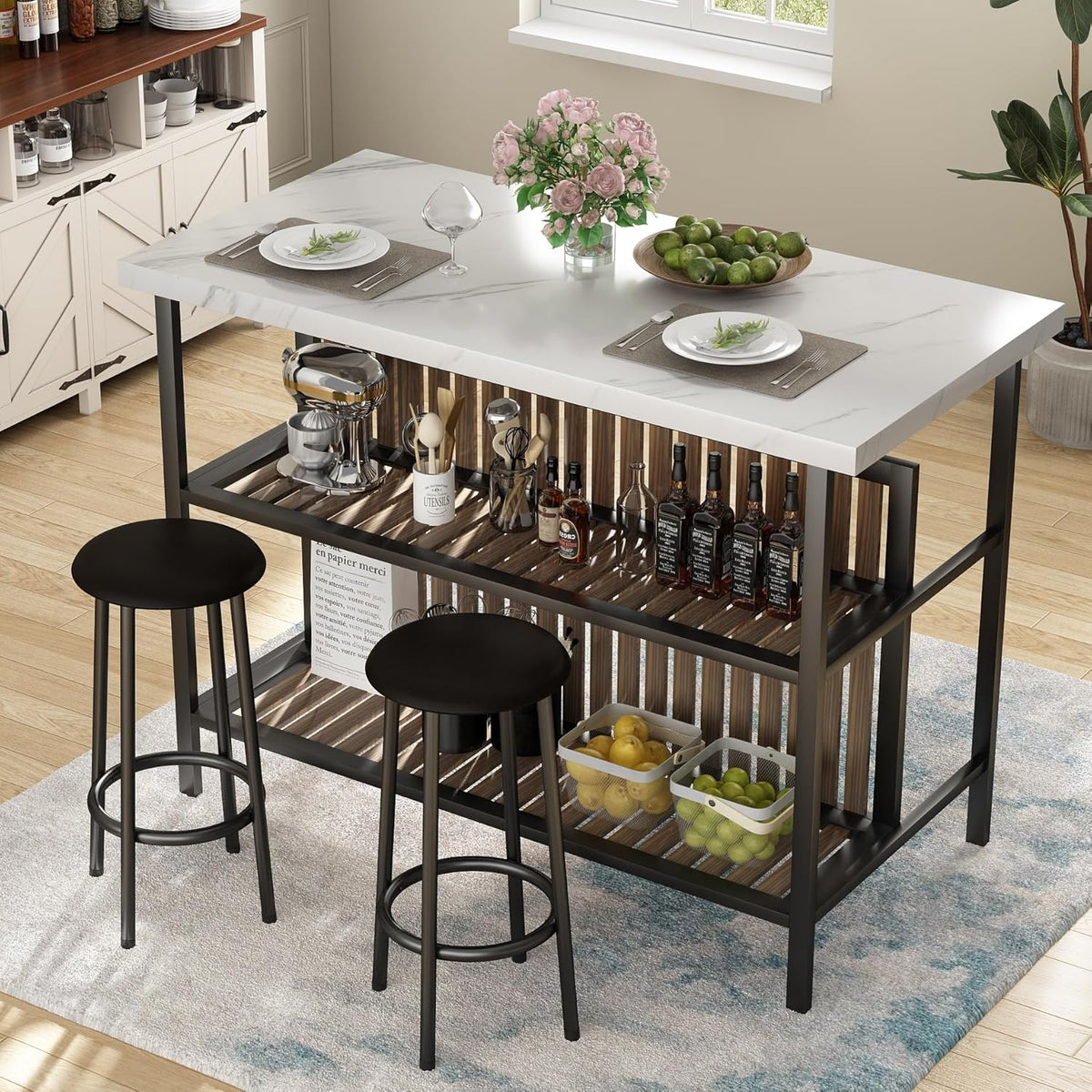 Recaceik 3 Piece Pub Set, Rectangular 2 Bar Stools, Faux Marble Dining Room Set of 2, Modern Counter Height Table with Storage, Kitchen Island with Seating, White