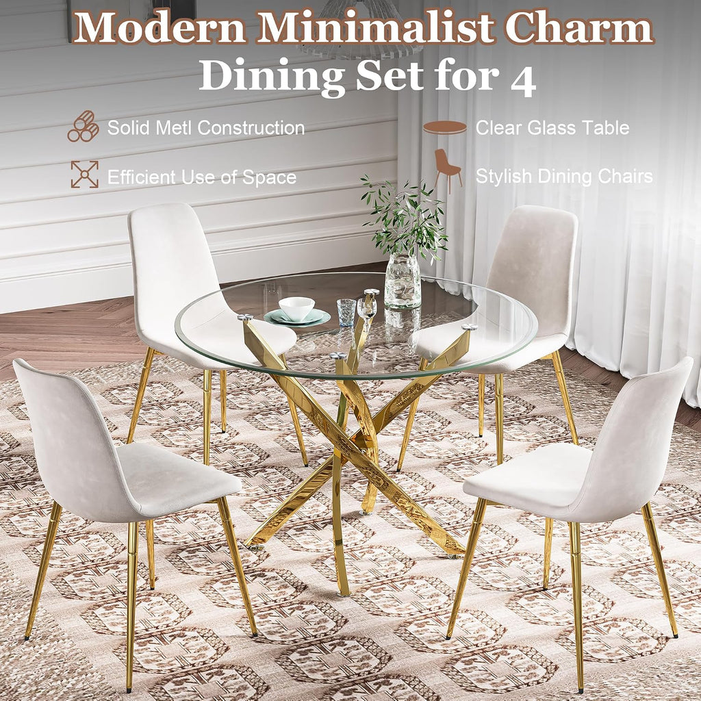 Glass Dining Table Set for 4 with Chairs, Modern 5 Piece Dining Room Set with 36" Round Tempered Glass Table & 4 Velvet Chairs for Kitchen, Apartment, Home (Gold+White)
