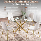 Glass Dining Table Set for 4 with Chairs, Modern 5 Piece Dining Room Set with 36" Round Tempered Glass Table & 4 Velvet Chairs for Kitchen, Apartment, Home (Gold+White)
