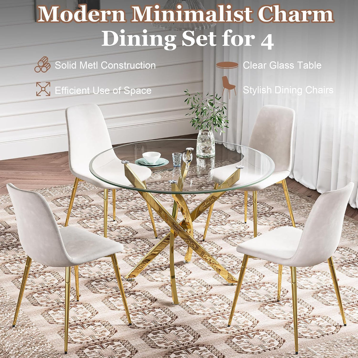 Glass Dining Table Set for 4 with Chairs, Modern 5 Piece Dining Room Set with 36" Round Tempered Glass Table & 4 Velvet Chairs for Kitchen, Apartment, Home (Gold+White)