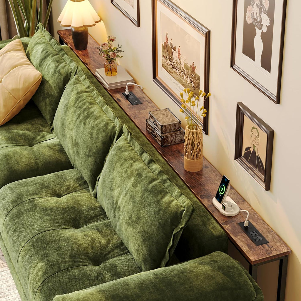 Huuger 110.2 Inch Sofa Table with Power Outlets, Skinny Behind Couch Table | Console Table with USB-C Ports, 23.9’’-34.4’’ Height Adjustable Range, Sofa Tables Narrow Long for Small Spaces, Rustic Brown