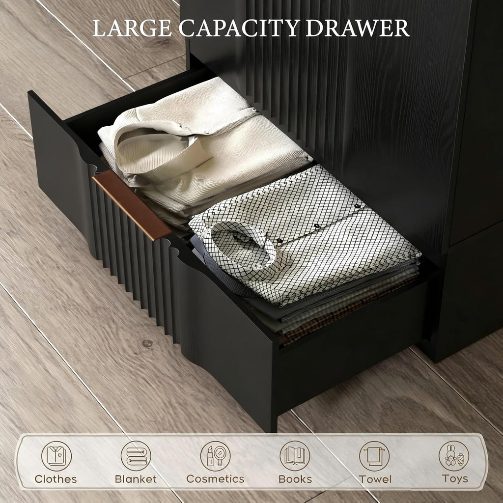 Brafab 67" Fluted Armoire Wardrobe Closet with Drawers, Black Cabinet