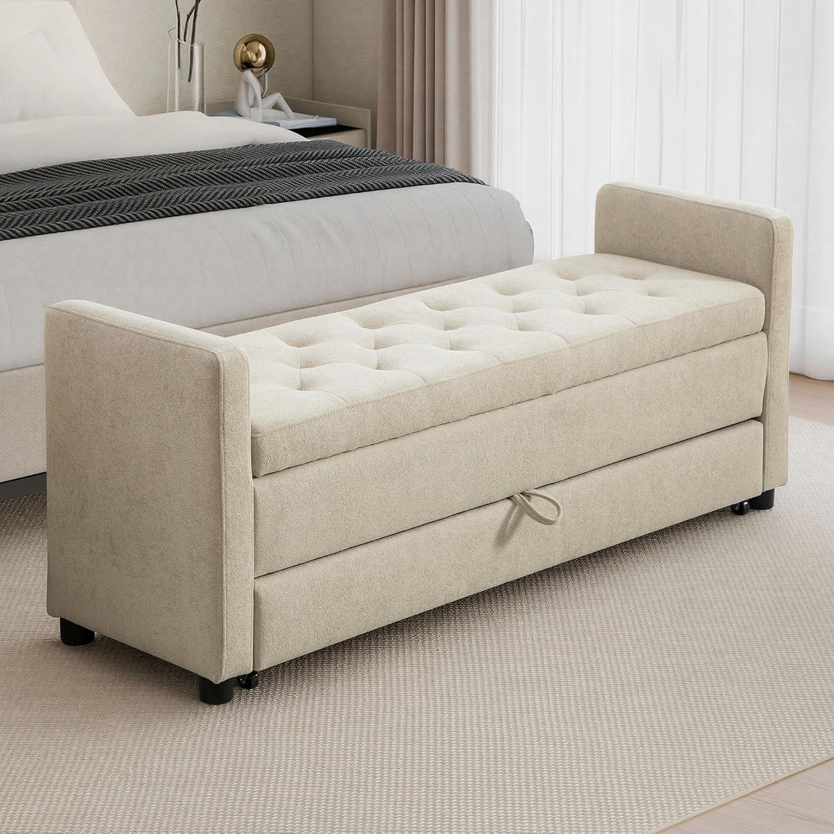 Chifee & Vingol 58.27" W Ottoman Bench with Double Storage Space, Upholstered End of Bed Storage Bench Entryway Shoe Benches,Griege