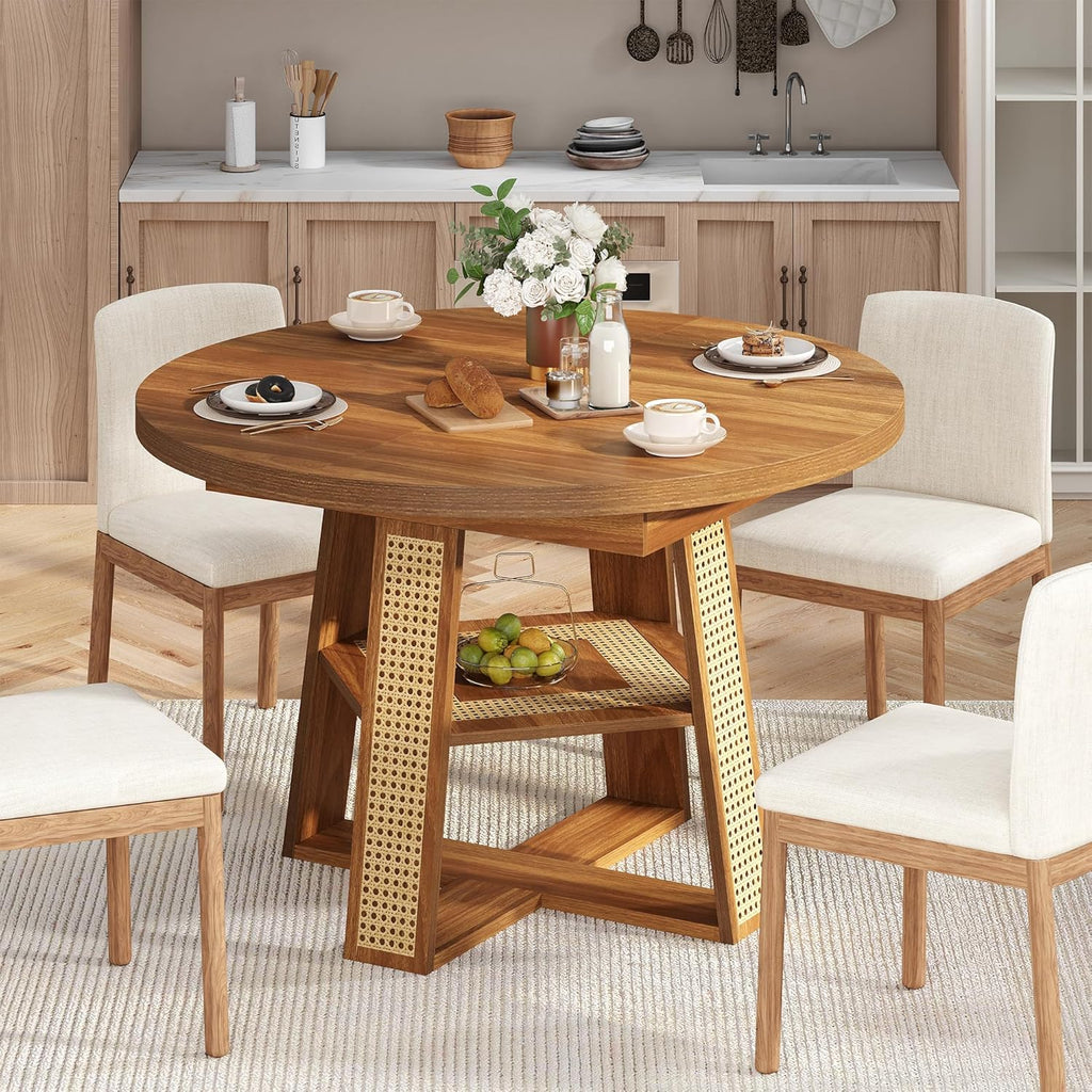 43"-59" Extendable Round Dining Table for 4-8, Transformer Oval Modern Kitchen Table with Removable Leaves Space Saving, Wood Dining Room Table with Storage Shelf for Kitchen, Walnut, Cross Leg