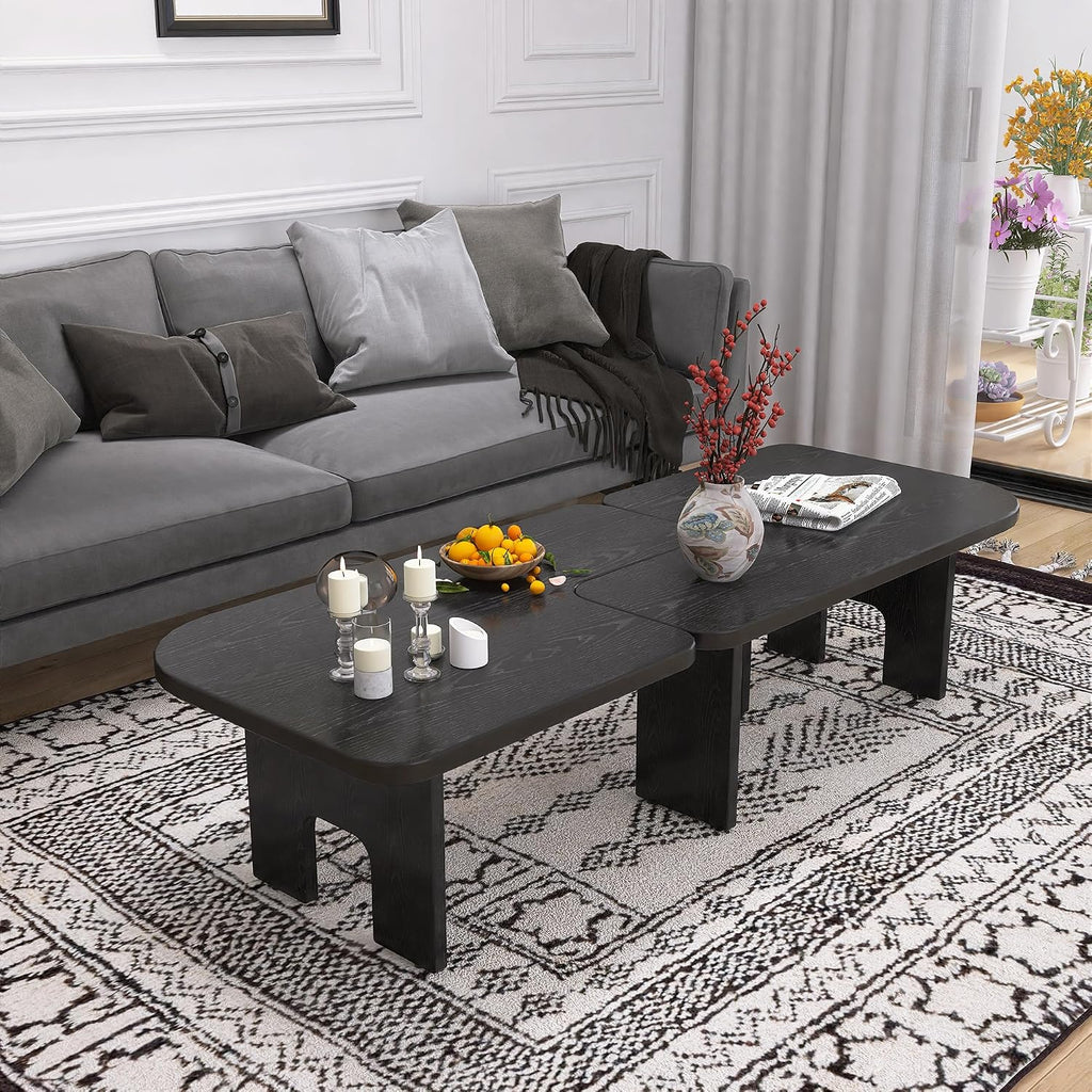 53.15" Antique Black Wood Nesting Coffee Table Set | 70.86 Inch Extended Length; Smooth Easy-Clean Surface; Space-Saving Modern Center Table for Living Room and Small Apartments