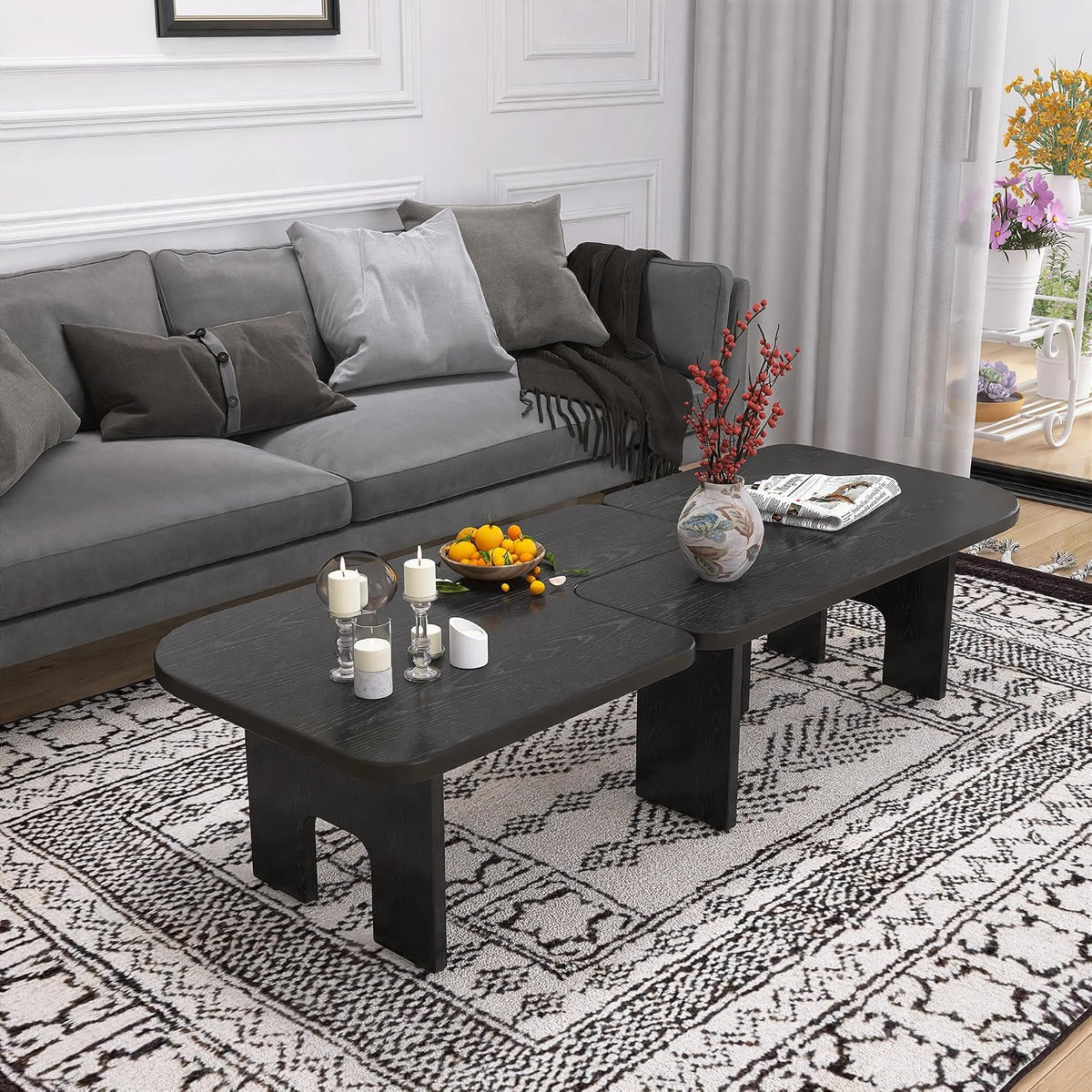 53.15" Antique Black Wood Nesting Coffee Table Set | 70.86 Inch Extended Length; Smooth Easy-Clean Surface; Space-Saving Modern Center Table for Living Room and Small Apartments
