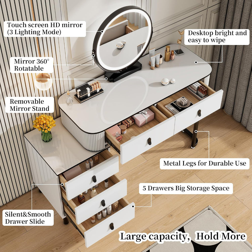 KDCAS Small Makeup Vanity Desk with Mirror and LED Lights | Modern Fluted Vanity Table with Drawers and Reversible Adjustable Side Cabinet (39.37"–51.2") | Space-Saving White Vanity Desk for Bedroom