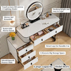 KDCAS Small Makeup Vanity Desk with Mirror and LED Lights | Modern Fluted Vanity Table with Drawers and Reversible Adjustable Side Cabinet (39.37"–51.2") | Space-Saving White Vanity Desk for Bedroom