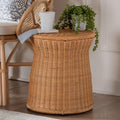 Bali & pari Caroline Round Natural Rattan End Table – Handwoven Wicker Drum Shape Accent Table for Living Room or Sunroom, Light Honey
