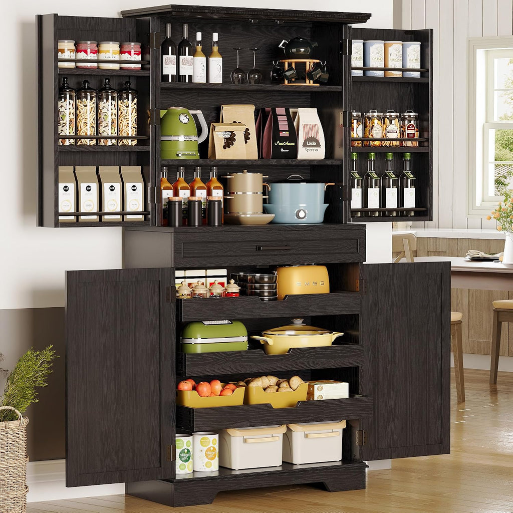 IRONCK 72" Farmhouse Kitchen Pantry Cabinet with Sliding Storage Rack,Black | Tall Freestanding Cupboard with 6 Hanging Shelves for Kitchen, Dining Room