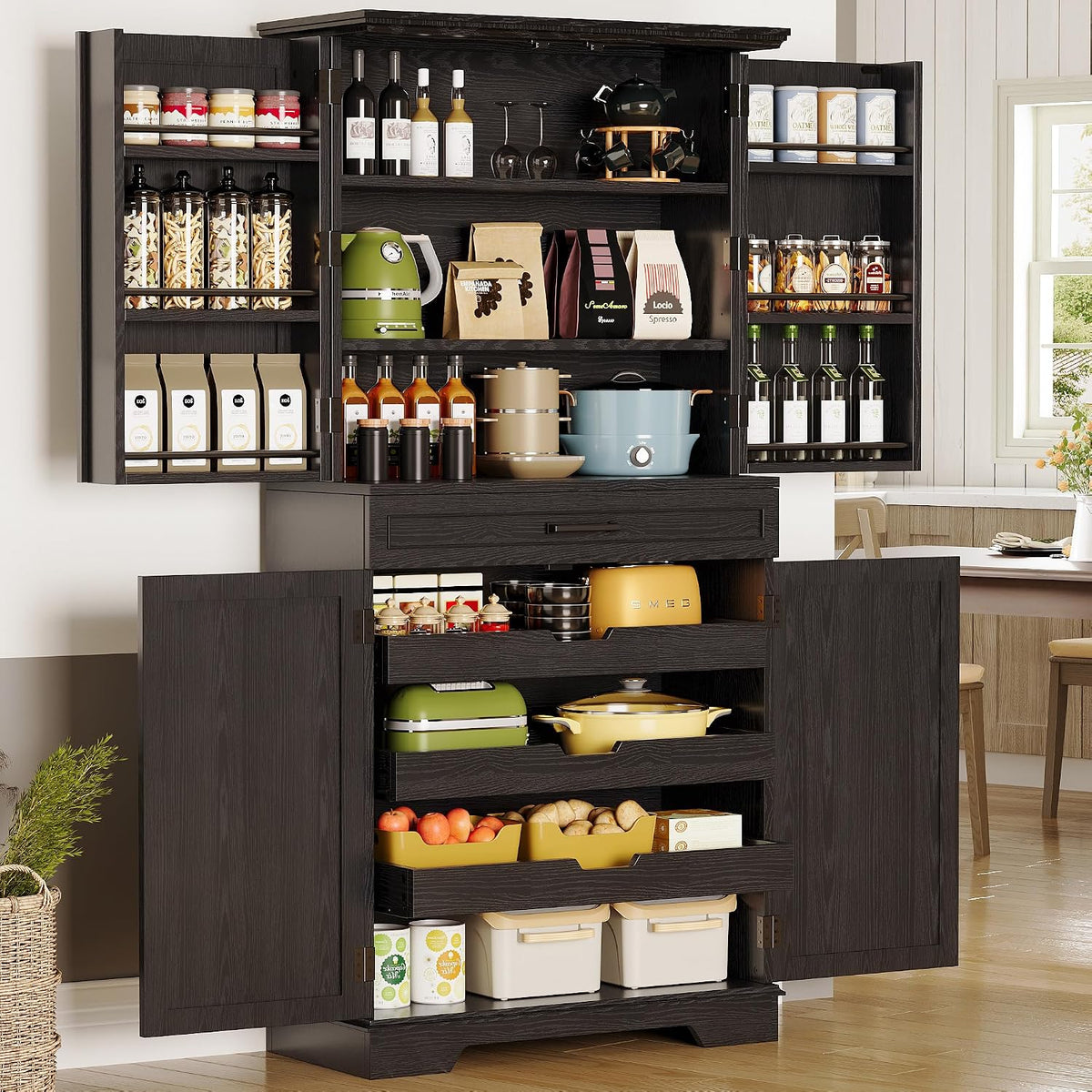 IRONCK 72" Farmhouse Kitchen Pantry Cabinet with Sliding Storage Rack,Black | Tall Freestanding Cupboard with 6 Hanging Shelves for Kitchen, Dining Room