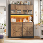 FINETONES 71" Pantry Cabinet with LED Light and Charging Station | Farmhouse Kitchen Pantry Cabinet with Microwave Stand, 47.2" Wide Kitchen Hutch Food Pantry with Open Countertop, Black/Brown