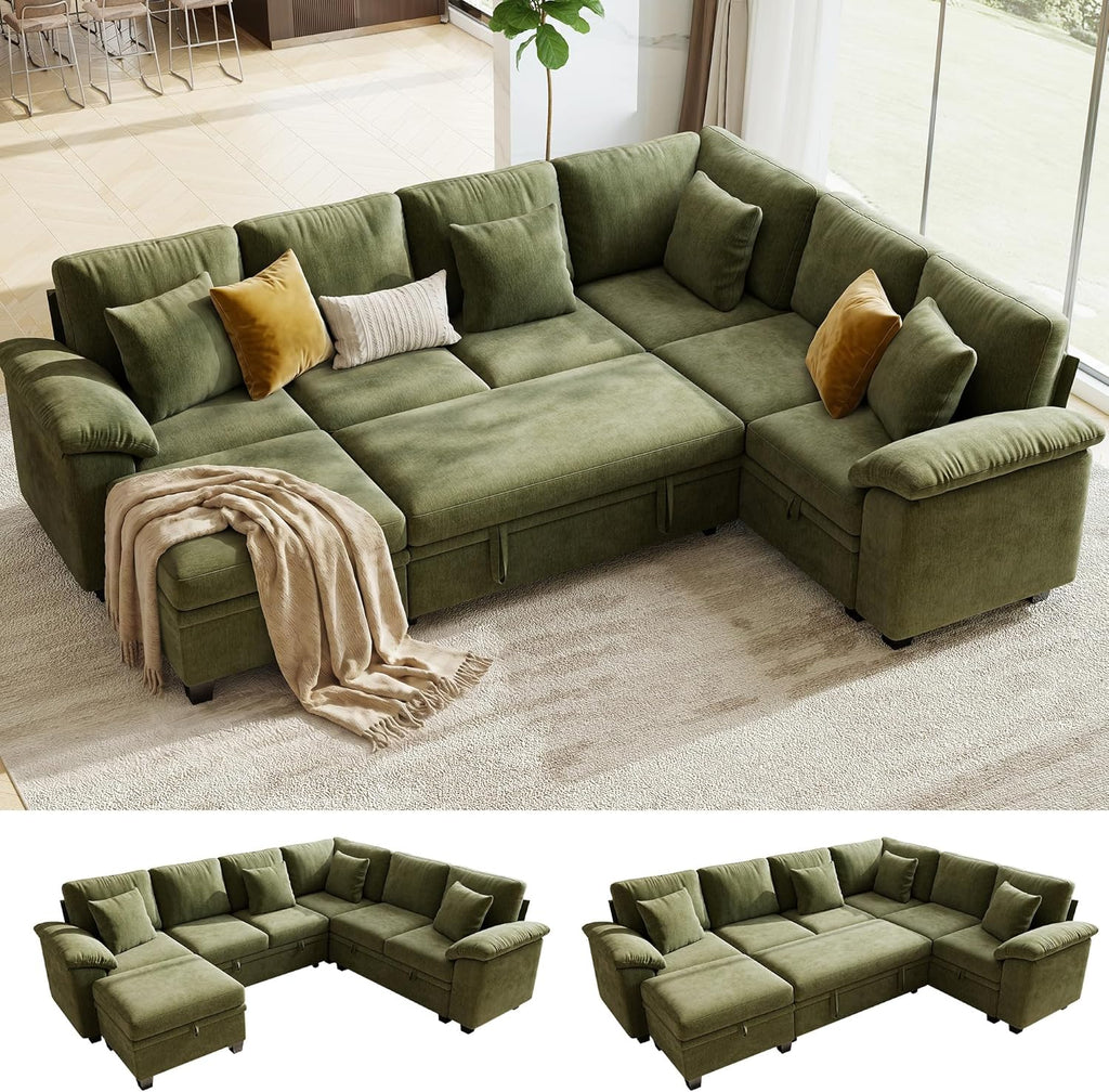 107.8" Modular Sectional Sleeper Sofa with Pull Out Bed, U Shaped 7 Seat Couch with 221L Storage, Convertible Cloud Couch Bed with Ottoman, Sectional Couches for Living Room, Apartment (Green)